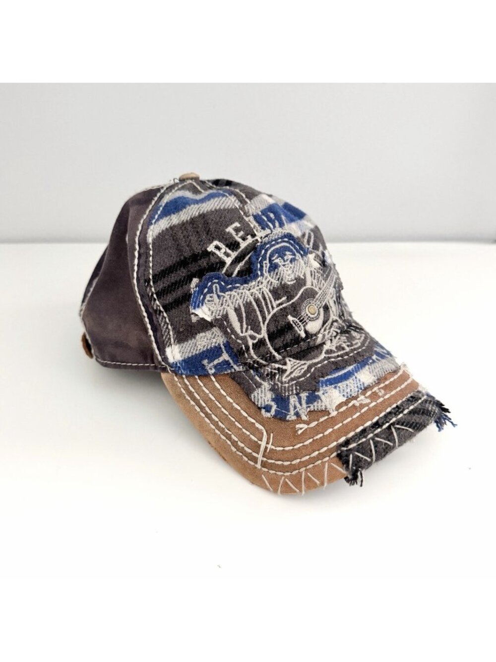 True Religion Vintage Embroidered Distressed Budda Logo Hat Blue Gray